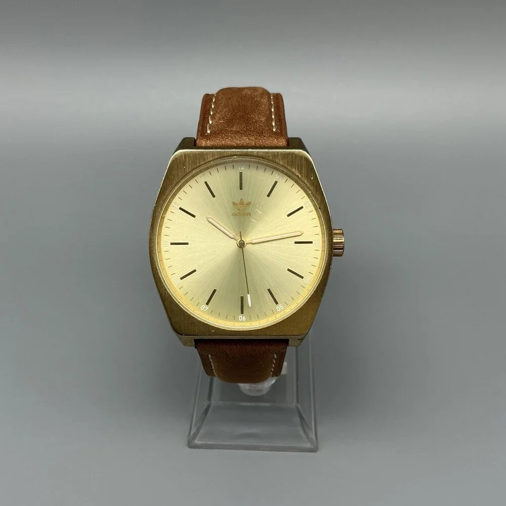 Adidas Process_L1 Mens Watch 38mm Gold Tone Dial Brown Leather New Battery